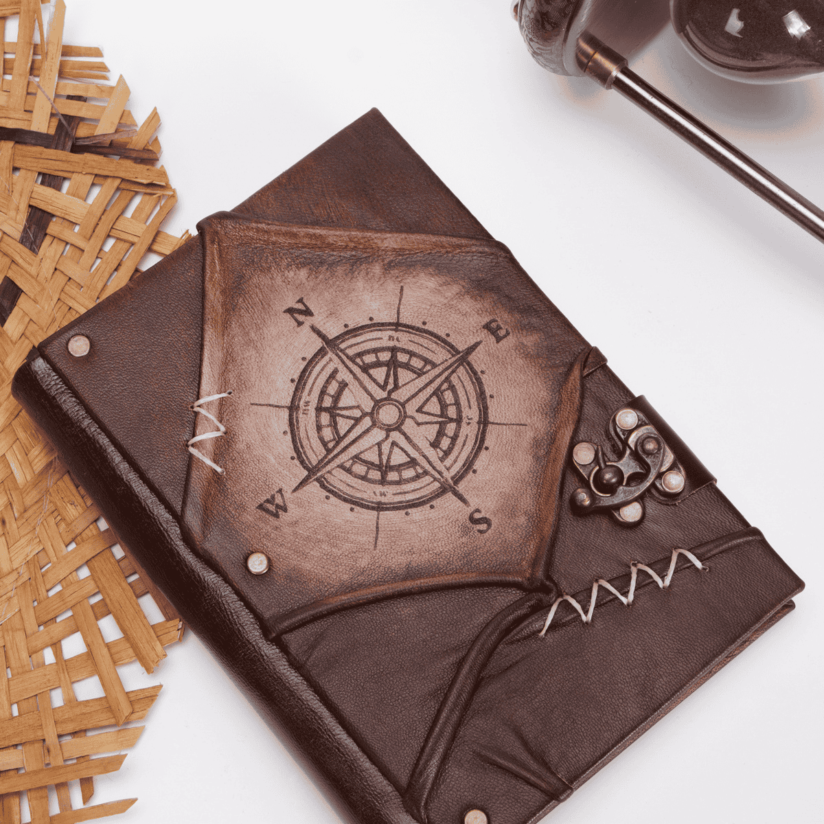 Hatıra Defteri El Yapımı Hakiki Deri Günlük Şamua Kağıt Pusula